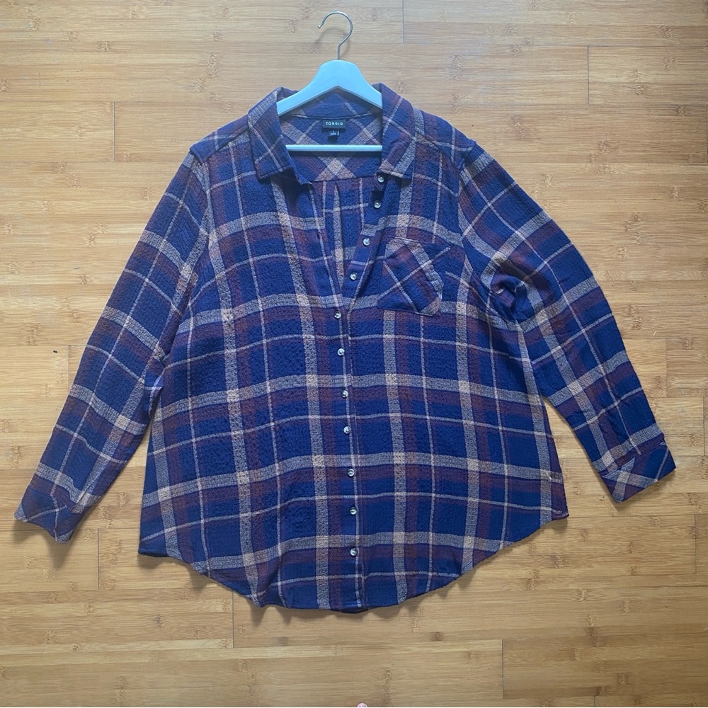 Torrid Womens Blue Brown  Long Sleeve Button‎ Down Shirt Size 1, 1X